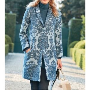 NWOT Soft Surroundings Blue Regency Jacquard Tapestry Damask Pea Coat Size S